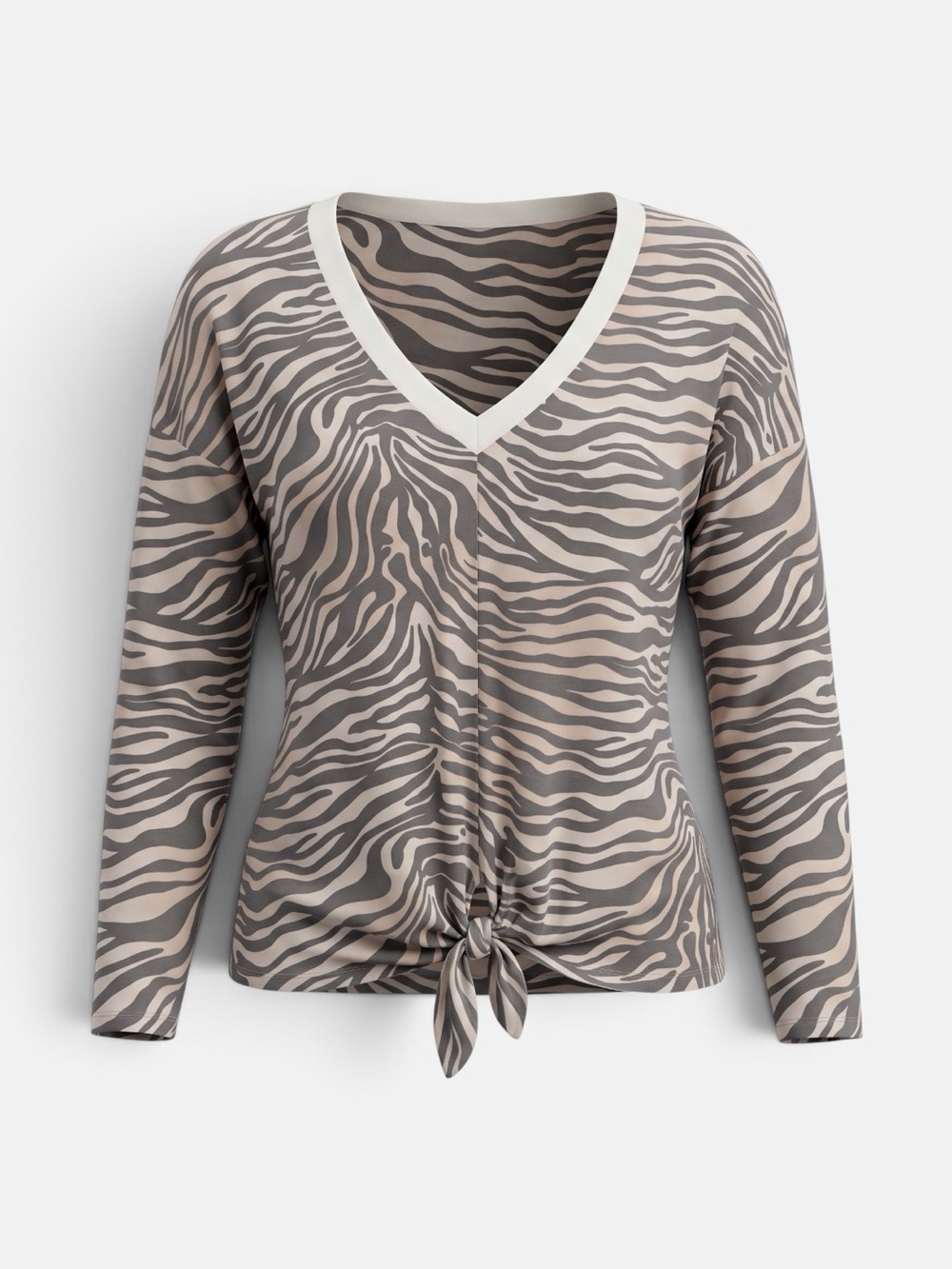 NWT CHASER Oversized Gray Zebra Print V-Neck Long-Sleeve Waist Tie, Small